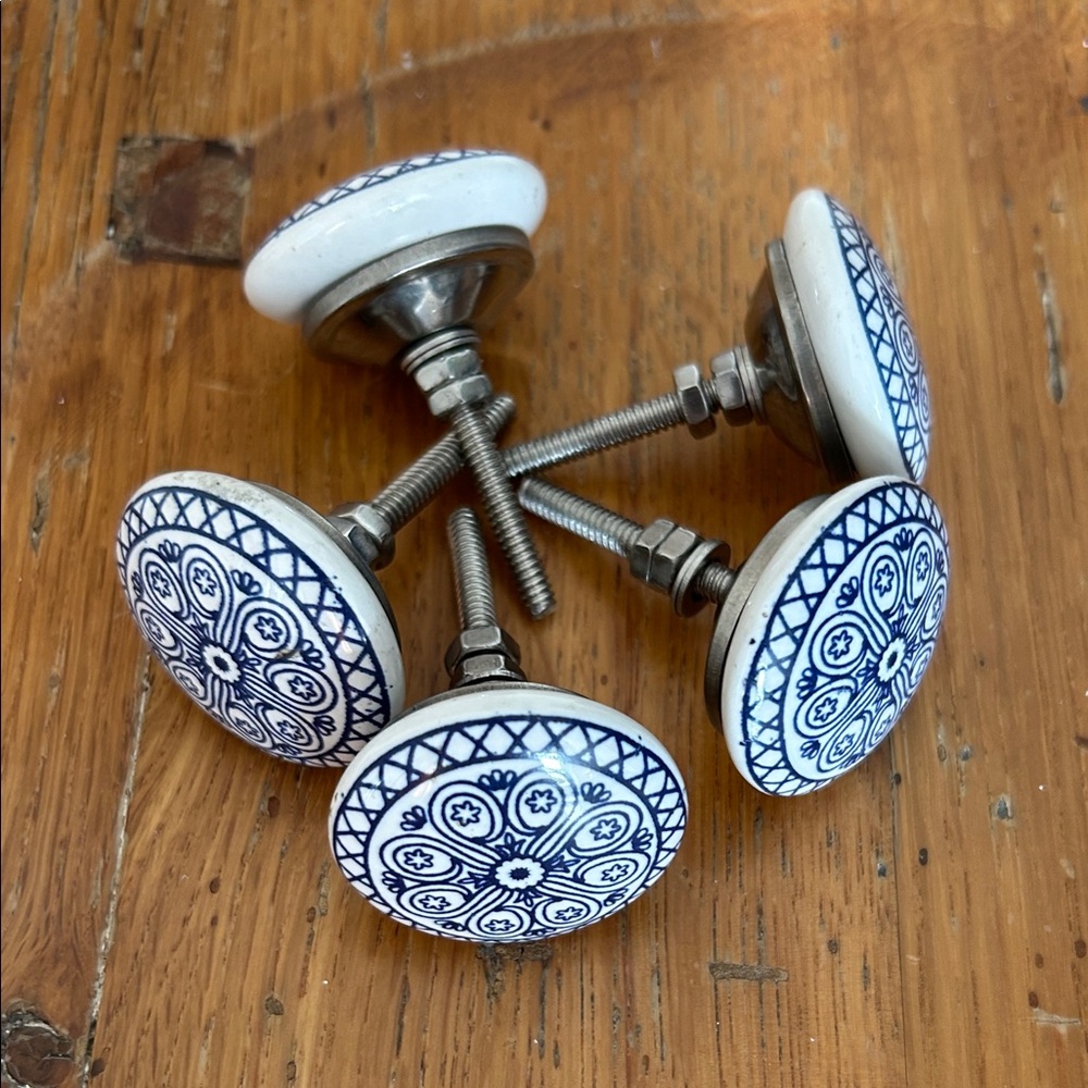 Set of 5 Cream + Navy Ceramic Dresser or Drawer Knobs
